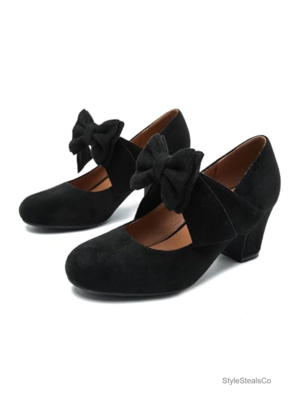 Women's Mary Jane Pumps Bow Block Heel Closed Round Toe Vintage - Picture 6 of 6